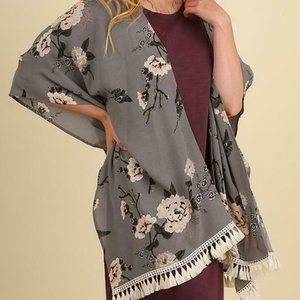 Grey Floral Print Fringe Kimono